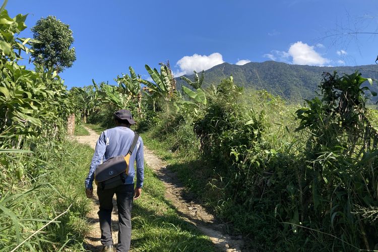 Seorang wisatawan sedang trekking di jalur trekking kaki Gunung Salak yang berlokasi di Desa Pasirjaya, Kecamatan Cigombong, Kabupaten Bogor, Kamis (27/5/2021).