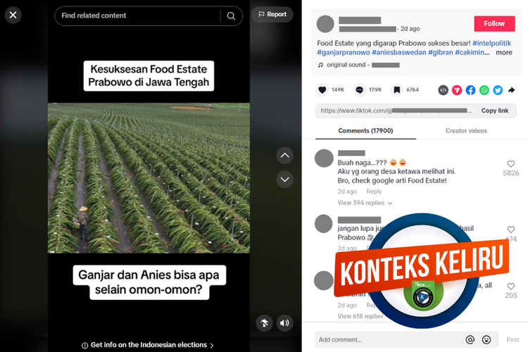 Tangkapan layar konten dengan konteks keliru di sebuah akun TikTok, Minggu (28/1/2024), soal kesuksesan food estate Menhan Prabowo di Jawa Tengah.