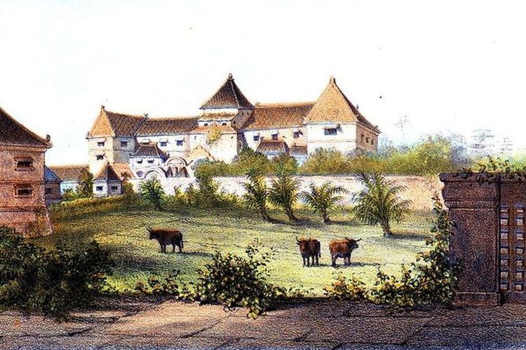 Pulo Kenanga dalam kompleks Tamansari, Keraton Yogyakarta, sebelum gempa bumi besar pada 1867. 