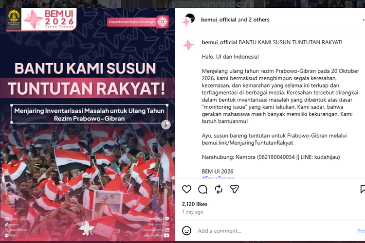 BEM UI Ajak Masyarakat Susun Tuntutan Dalam Rangka 2 Tahun Pemerintahan Prabowo-Gibran