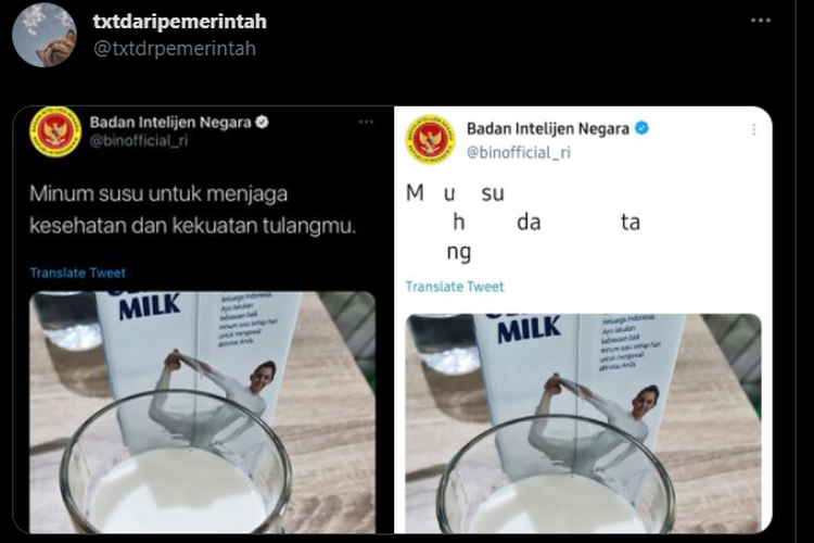 Tangkapan layar twit dari akun resmi Badan Intelijen Negara (BIN) soal foto segelas susu.