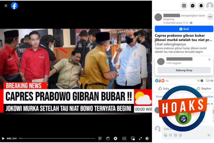 Tangkapan layar unggahan dengan narasi hoaks di sebuah akun Facebook, Sabtu (9/11/2023), yang menyebutkan pasangan Prabowo-Gibran bubar.