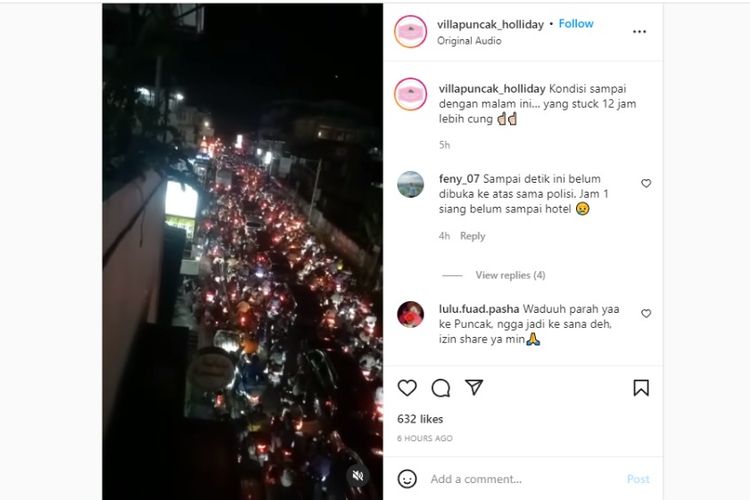 Kemacetan di Puncak, Bogor, terjadi hingga malam hari, karena imbas long weekend