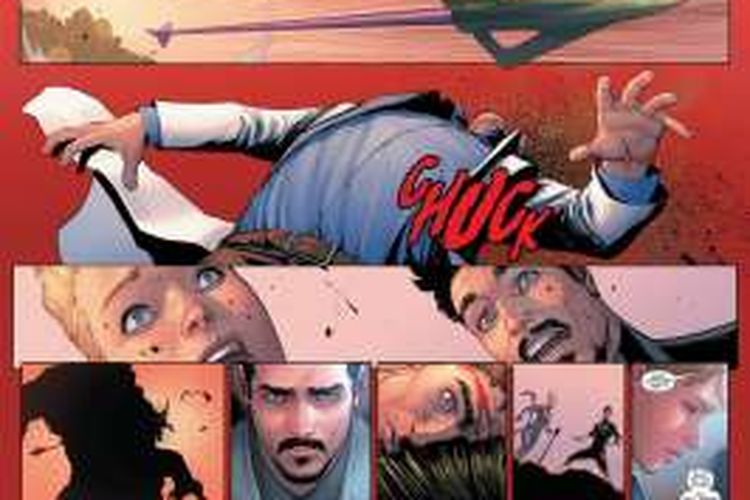 Adegan ketika panah Hawkeye menyasar Bruce Banner dalam komik seri Civil War II edisi 3.