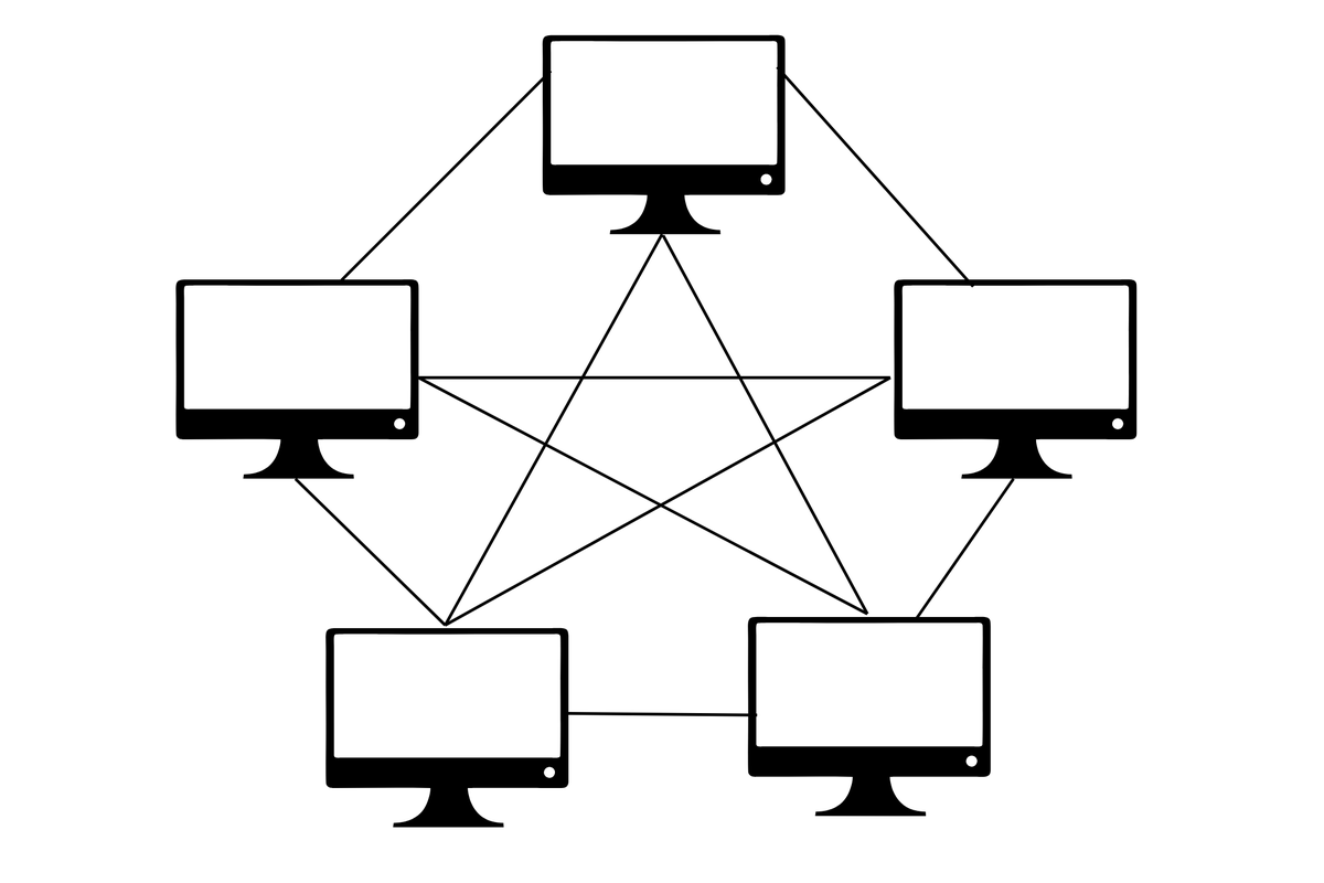 Ilustrasi topologi mesh. Cara kerja topologi mesh memiliki dua prinsip dasar, yakni routing dan flooding. 
