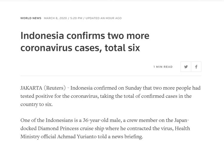 Tangkapan layar dari berita di Reuters, tentang tambahan dua kasus virus corona di Indonesia, Minggu (8/3/2020).