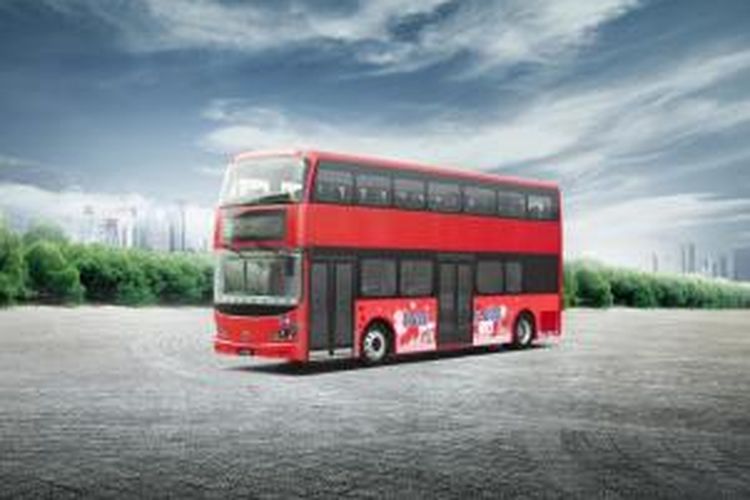 Ilustrasi bus listrik BYD produksi China yang akan menjadi bus tingkat berdaya listrik pertama di dunia, beroperasi di London. 