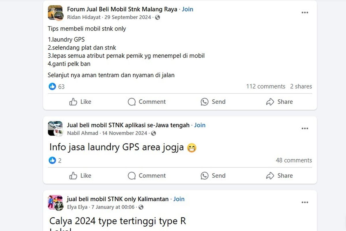 Banyak grup Jual Beli Mobil STNK Only di media sosial Facebook