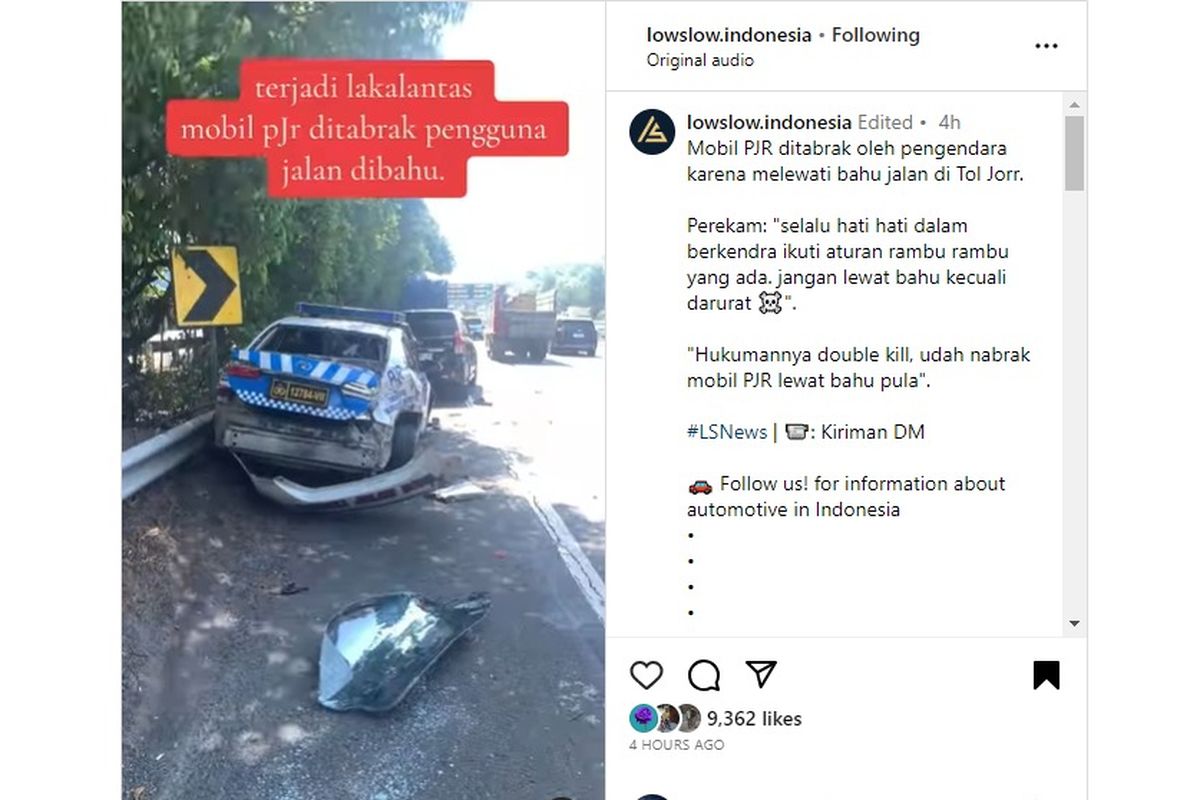 Mobil polisi PJR ditabrak dari belakang oleh pengguna jalan tol yang melalui bahu jalan tol