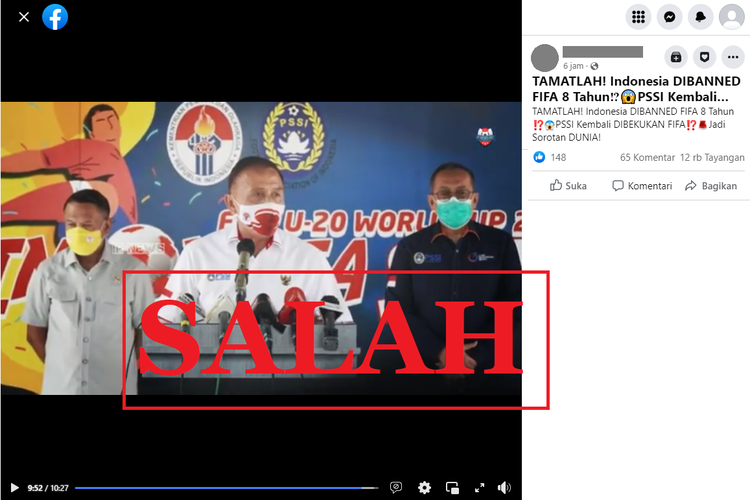 Tangkapan layar unggahan dengan narasi keliru di sebuah akun Facebook, Senin (3/10/2022), mengenai FIFA yang mengancam membekukan PSSI 8 tahun.