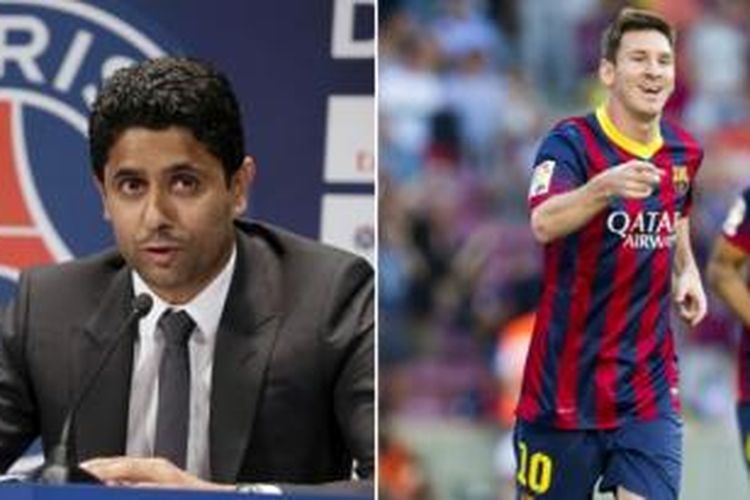 Pemilik PSG Nasser al Khelaifi dan bintang Barcelona Lionel Messi