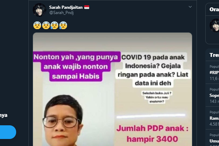 Tangkapan layar unggahan akun Twitter @Sarah_Pndj pada Jumat (22/5/2020).