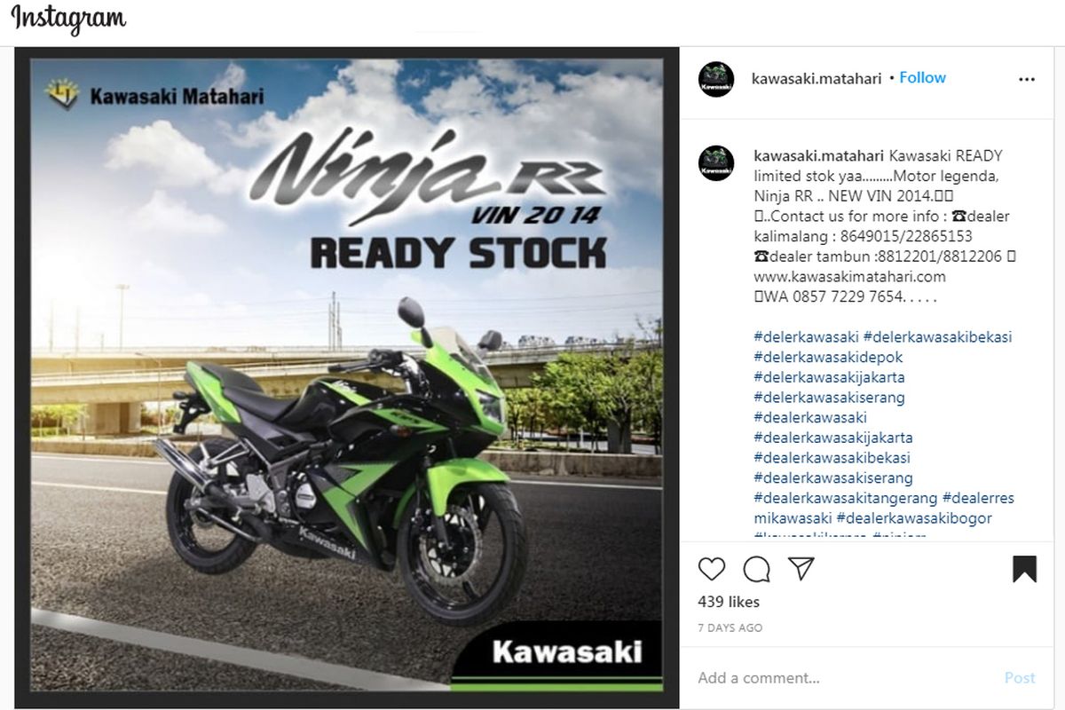 Kawasaki Ninja RR dengan kondisi NOS dibanderol Rp 50 juta di diler Kawasaki Matahari Tambun