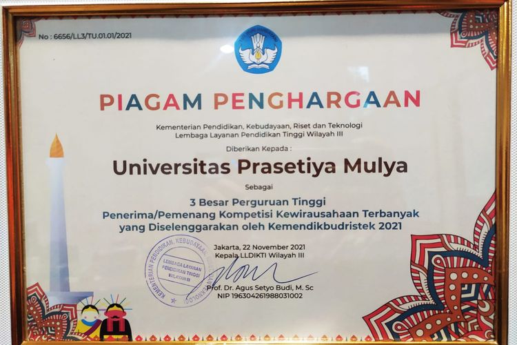 Universitas Prasetiya Mulya berhasil memperoleh penghargaan dari Kementerian Pendidikan, Kebudayaan, Riset dan Teknologi (Kemendikbudristek) sebagai 3 (tiga) Besar Perguruan Tinggi Penerima/Pemenang Kompetisi Kewirausahaan Terbanyak yang diselenggarakan oleh Kemendikbudristek.