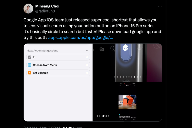 Manajer desain Google Lens Minsang Choi memperkenalkan pintasan Action Button yang menyimulasikan fitur Circle to Search.