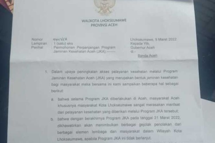 Surat Wali Kota Lhokseumawe, Suaidi Yahya meminta Gubernur Aceh, Nova Iriansyah, untuk memperpanjang program Jaminan Kesehatan Aceh (JKA), Selasa (15/3/2022)