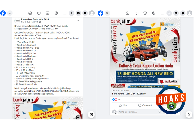Tangkapan layar konten hoaks di sebuah akun Facebook, Rabu (27/3/2024), berisi tawaran gebyar undian berhadiah dari Bank Jatim.