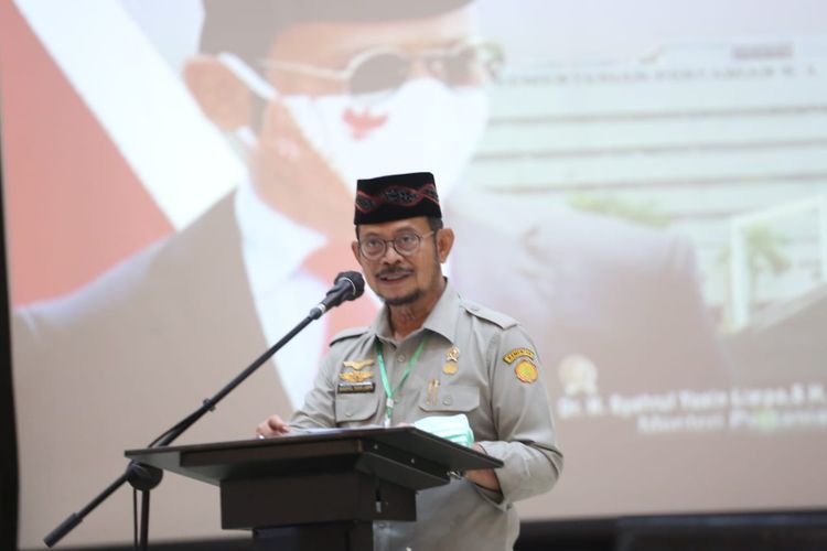 Menteri Pertanian (Mentan) Syahrul Yasin Limpo dalam acara Tasyakuran satu tahun Kementerian Pertanian Kabinet Indonesia Maju bersama anak yatim piatu di Auditorium Kementan, Senin (26/10/2020).