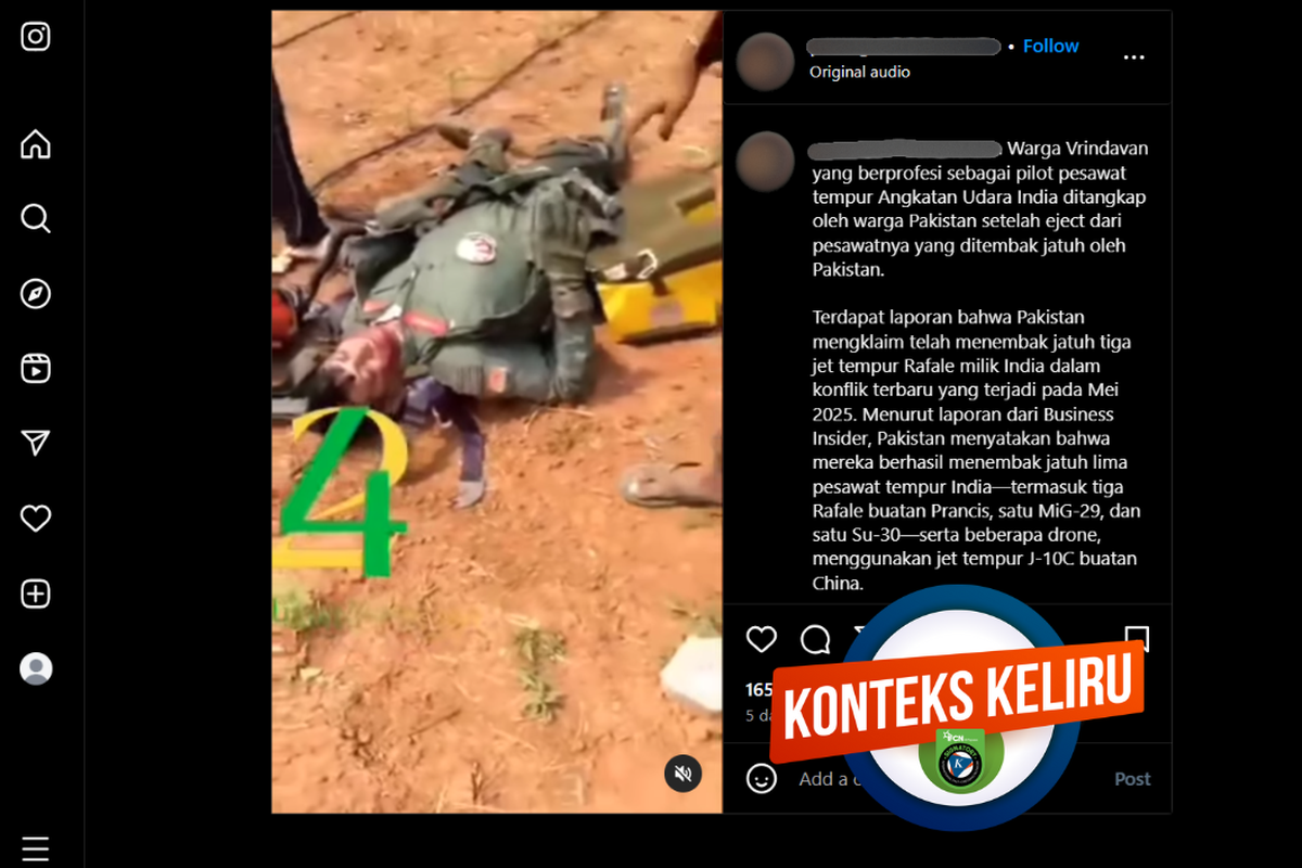 Tangkapan layar konten dengan konteks keliru di sebuah akun Facebook, Kamis (8/5/2025), mengenai warga Pakistan menangkap pilot India yang jatuh.