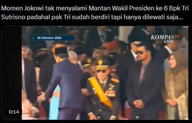 Tangkapan layar video yang menampilkan Presiden Joko Widodo (Jokowi) tak menyalami mantan Wakil Presiden keenam Try Sutrisno pada HUT ke-79 TNI.