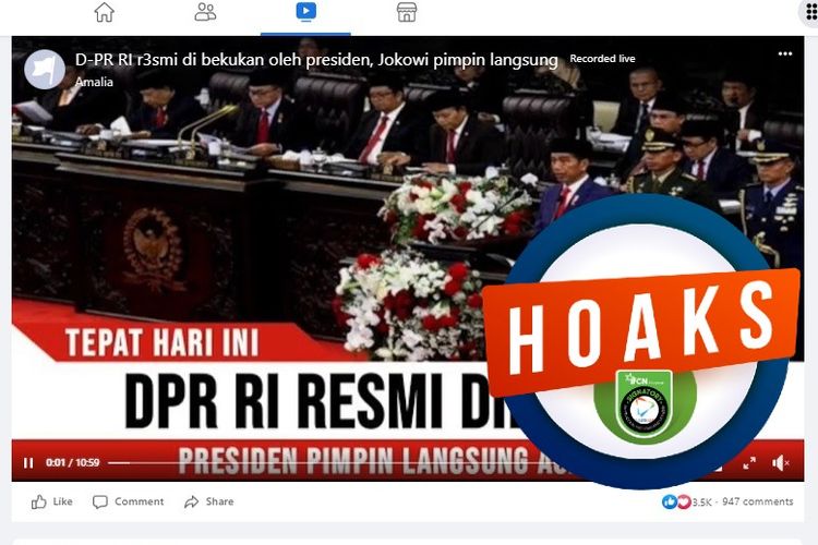 Tangkapan layar Facebook narasi yang menyebut bahwa Jokowi resmi membekukan DPR RI