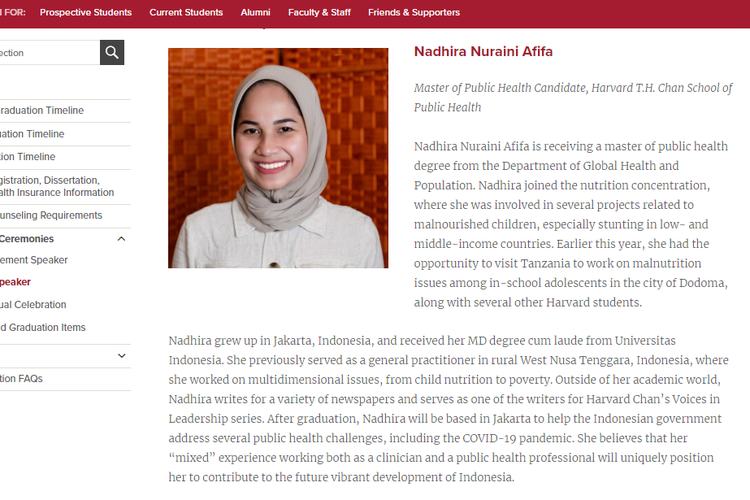 Nadhira Afifa, mahasiswa Indonesia yang lulus dari Master of Public Health Candidate, Harvard T.H. Chan School of Public Health. Ia menyampaikan pidato saat wisuda mewakili angkatannya.