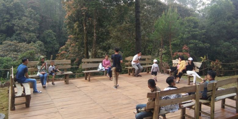 Pengunjung saat berisitrahat dengan pemandangan hutan pinus di Orchid Forest Cikole, Bandung Barat, Minggu (17/6/2018).
