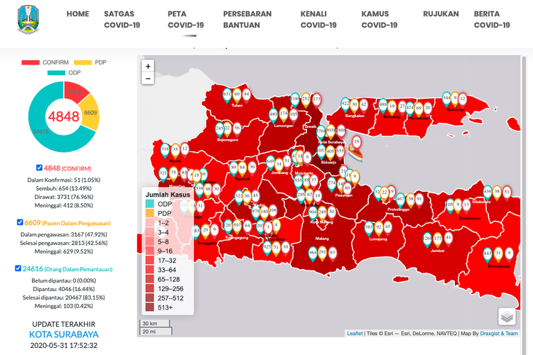Peta sebaran kasus Covid-19 di Jawa Timur