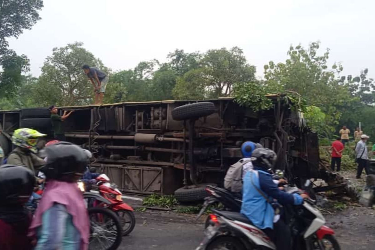 Kondisi Bus PO Margo Djoyo terguling di jalan raya Bojonegoro - Babat