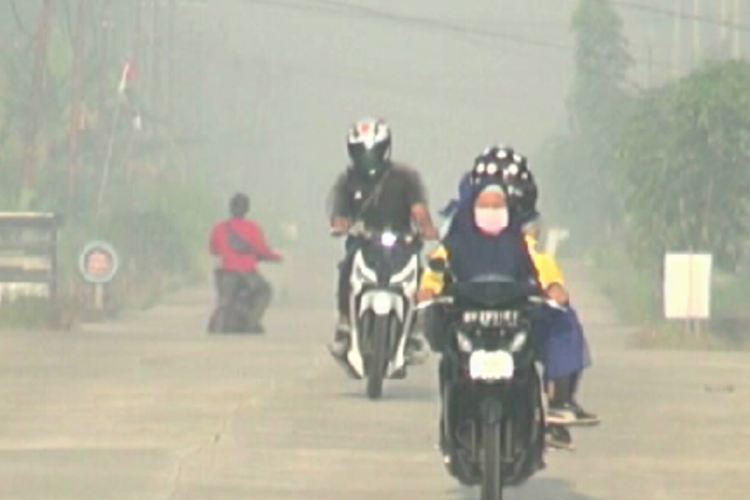 Kabut asap tebal menyelimuti wilayah Kecamatan Rupat, Kabupaten Bengkalis, Riau, Rabu (21/2/2019). Salah seorang pengendara sepeda motor terlihat mengenakan masker saat melintas di jalan.