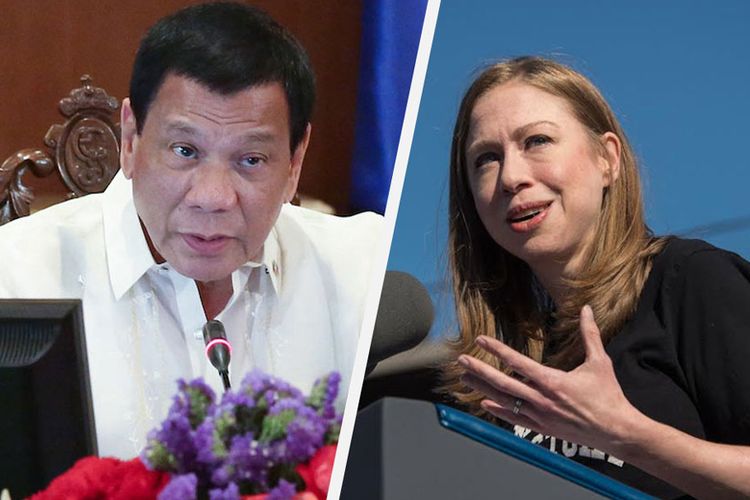 Presiden Filipina Rodrigo Duterte (kiri) dan Chelsea Clinton (kanan)