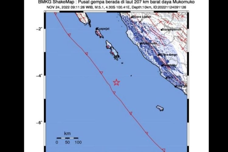Tangkapan layar peta guncangan gempa bermagnitudo 5,1 di wilayah Kepulauan Mentawai, Sumatera Barat, Kamis (24/11/2022) pukul 09.11 WIB. 