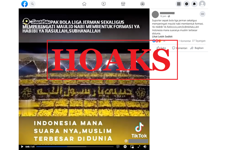 Tangkapan layar unggahan dengan narasi hoaks di sebuah akun Facebook, Rabu (5/10/2022), mengenai video suporter Liga Jerman memperingati Maulid Nabi di stadion.