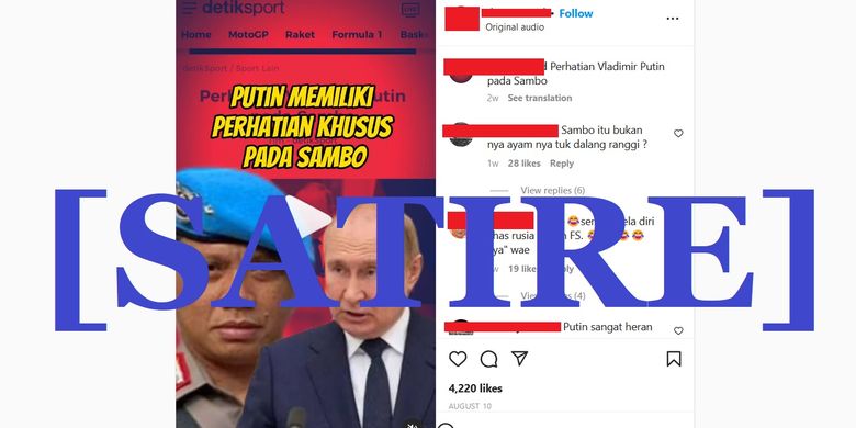 Unggahan berisi konten satire bahwa Vladimir Putin memberi perhatian terhadap Ferdy Sambo