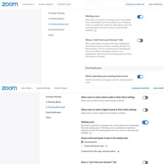 Pengaturan Waiting Room di Zoom pada akun gratis (atas) dan pengaturan pada akun berbayar.