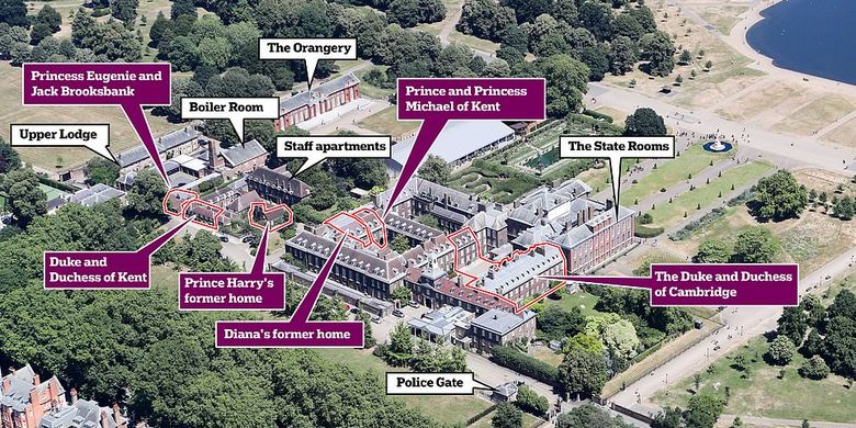 Kompleks Istana Kensington yang saat ini ditinggali oleh lebih dari 10 anggota Keluarga Kerajaan Inggris, dan telah dipakai sejak tahun 1600. 