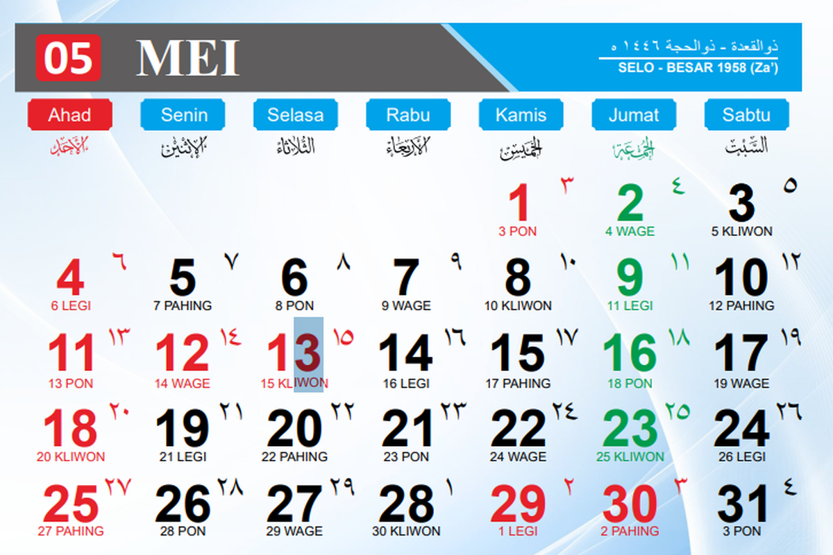Ilustrasi kalender Mei 2025. Inilah kalender Jawa Kamis, 8 Mei 2025 lengkap dengan weton dan penanggalan Islam.
