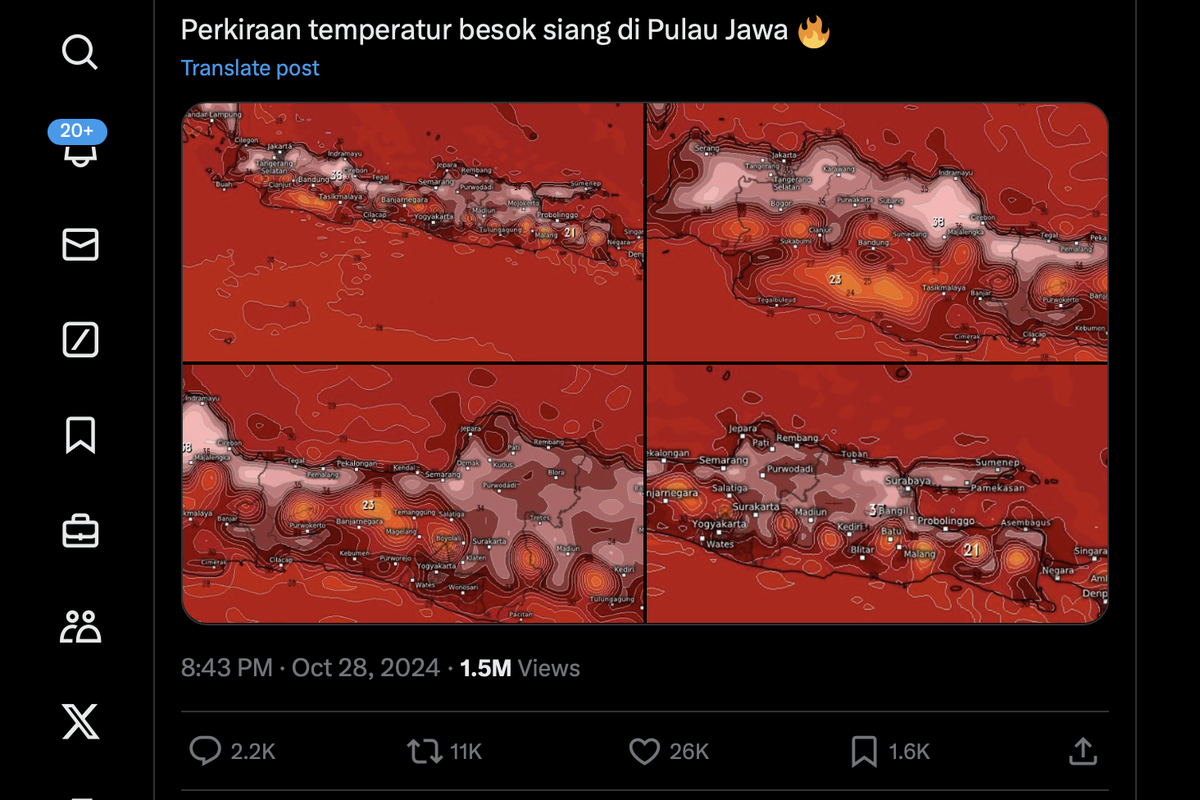 Tangkapan layar unggahan yang menampilkan citra satelit Pulau Jawa yang memerah di akhir Oktober 2024.