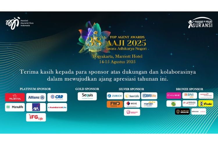 Deretan sponsor Platinum, Gold, Silver, dan Bronze yang mendukung penyelenggaraan Top Agent Awards (TAA) ke-38 AAJI di Yogyakarta, 14?15 Agustus 2025.
