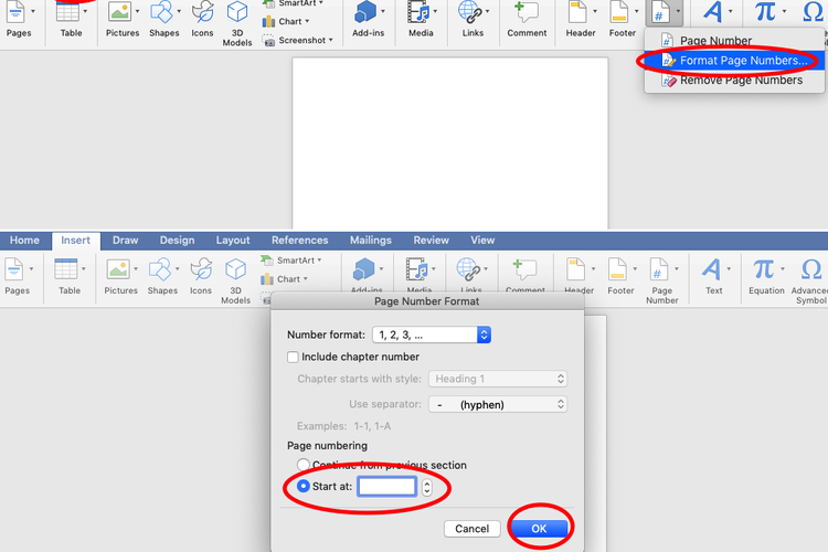 Ilustrasi cara membuat nomor halaman berbeda Microsoft Word