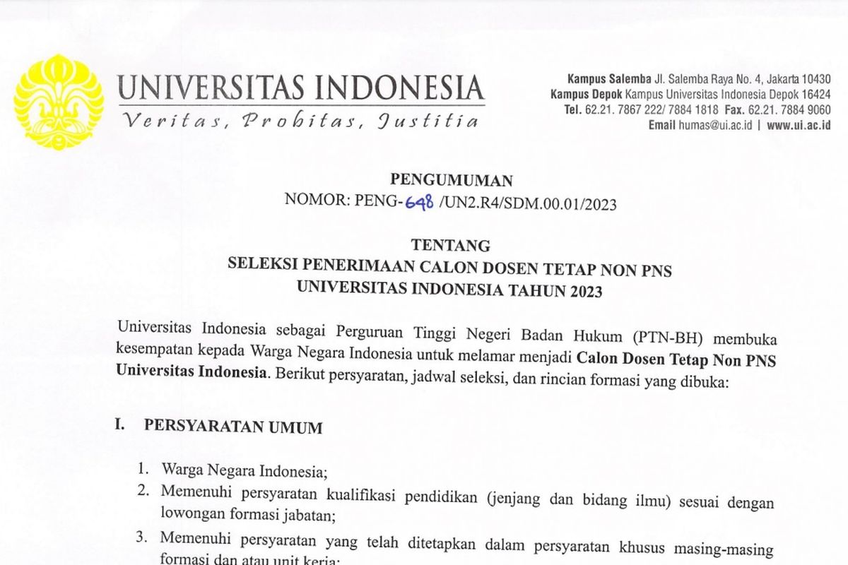 Universitas Indonesia (UI) membuka lowongan kerja dosen tetap non-PNS di 12 fakultas dan program pendidikan vokasi.