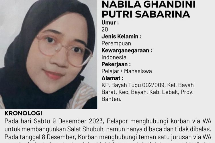 Nabila Ghandhini Putri mahasiswi UII Yogyakarta asal Kelurahan Bayah Barat, Kecamatan Bayah, Kabupaten Lebak, Provinsi Banten yang dilaporkan hilang. (Foto tangkapan layar dari akun Instagram Polda DIY)