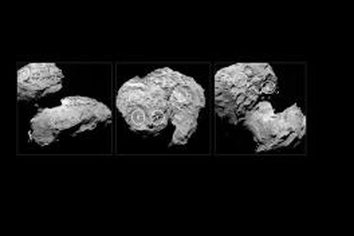 Lima lokasi pendaratan misi Rosetta di komet 67P/Churyumov-Gerasimenko.