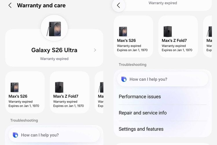 Ilustrasi menu Warranty and care di OneUI 9.