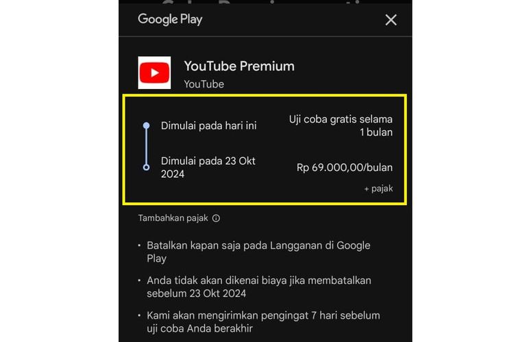 Tangkapan layar tagihan yang ditawarkan bagi pelanggan baru YouTube Premium. Pelanggan baru mendapatkan harga baru, namun diberi kesempatan untuk mencoba gratis selama satu bulan.