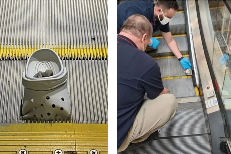 Gambar insiden alas kaki Crocs yang menyangkut di eskalator. 