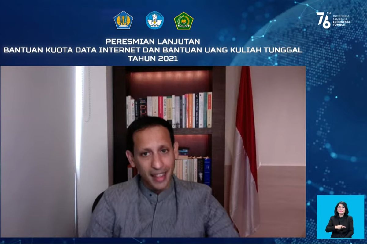 Menteri Pendidikan, Kebudayaan, Riset, dan Teknologi, Nadiem Anwar Makarim  memaparkan program bantuan lanjutan kuota data internet untuk bulan September, Oktober, dan November 2021, dalam konferensi pers virtual yang digelar pada Rabu (4/8/2021). 