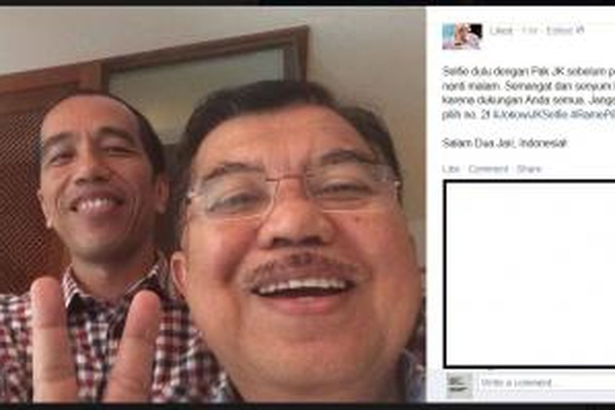 Inilah hasil foto selfie calon Presiden Joko Widodo bersama Jusuf Kalla, Sabtu (5/7/2014). Foto ini diunggah di laman Facebook Jokowi.