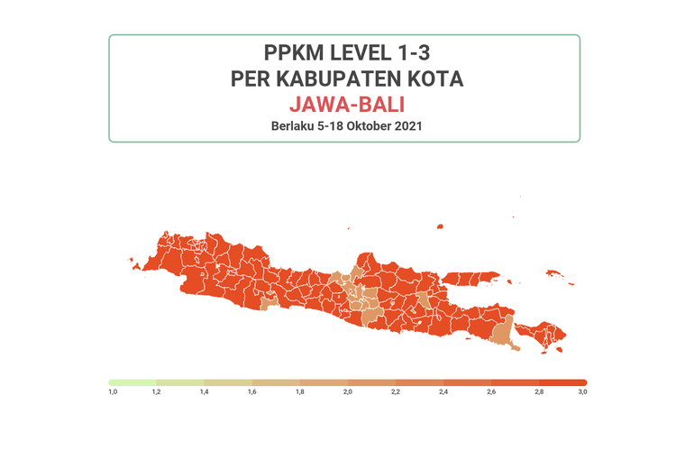 Peta kabupaten kota di Jawa Bali berdasarkan status PPKM Level 1-3 untuk periode 5-18 Oktober 2021
