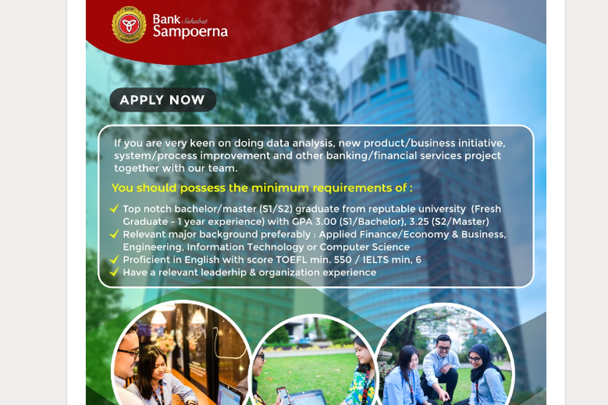 PT Bank Sahabat Sampoerna membuka lowongan kerja bagi mahasiswa S1-S2.

